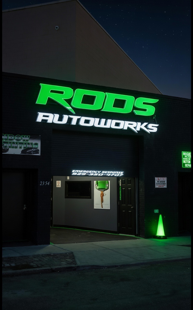 Rods AutoWorks shop at night